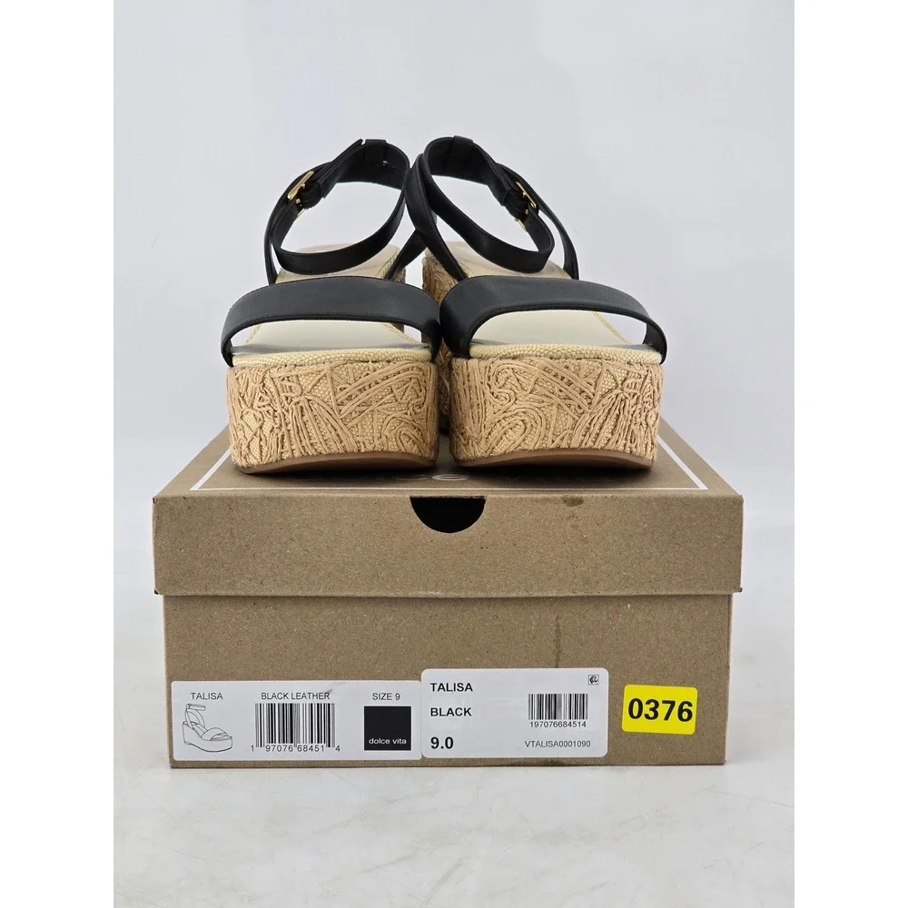 Dolce Vita Talisa Wedge Sandals Womens 9 Black Leather Espadrille - NEW